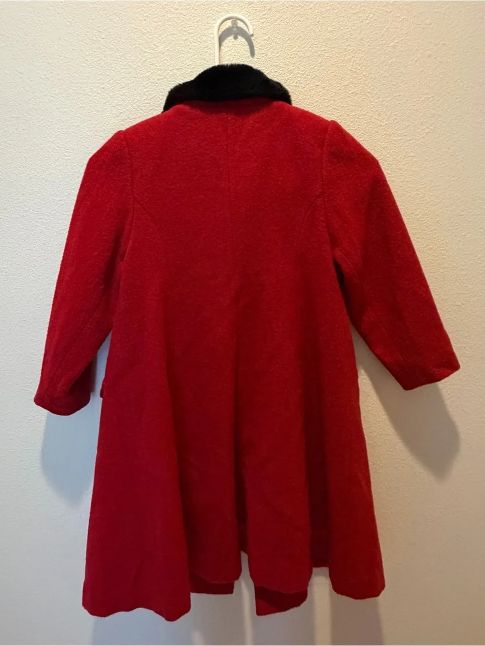 Vintage Gymboree Girls Red Wool Blend Dress Coat Size 10-12 Black Faux Fur